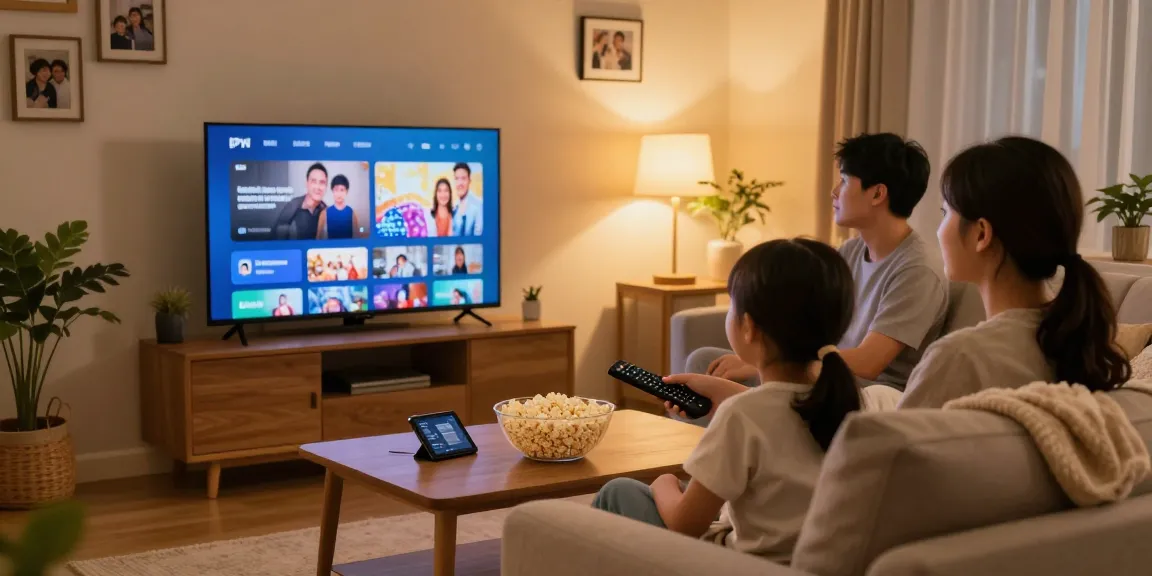 Família assistindo IPTV em uma sala de estar aconchegante, destacando a interação e entretenimento.