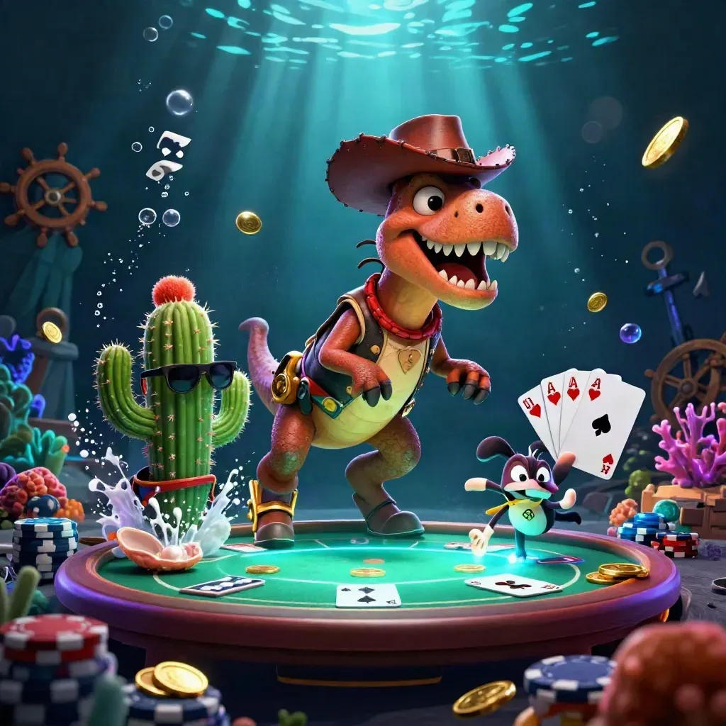Cowboy T-Rex, cacto e roadrunner em cova subaquática com fichas douradas e luz neon.