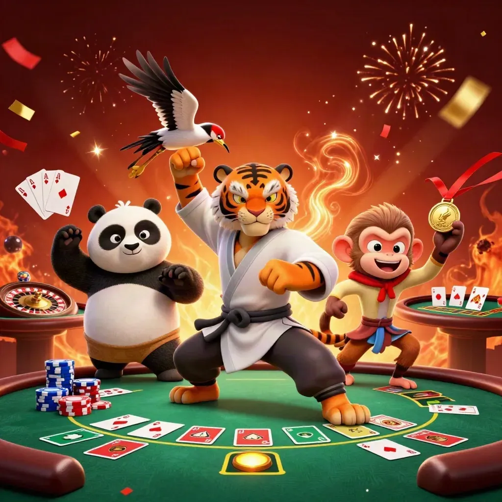 Tigre kung-fu, panda e macaco em mesa de pôquer luxuosa, com fichas, cartas e luzes neon.