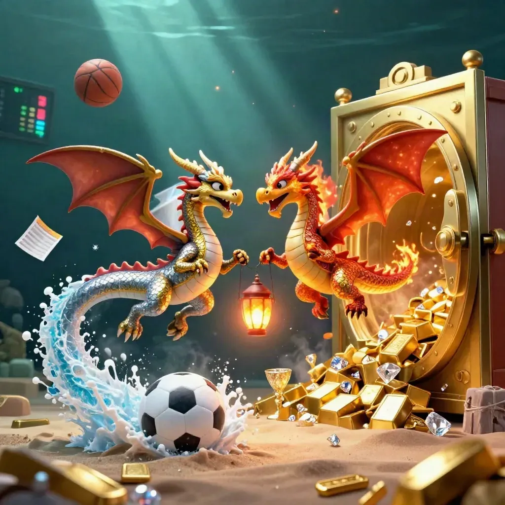 Dragões dourado e prateado cruzam o céu, com cofre, ouro e bolas em fundo azul escuro.