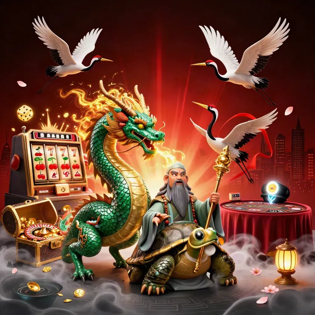 Dragão esmeralda, tartaruga sábia e grous em luxo de cassino com brilho dourado.