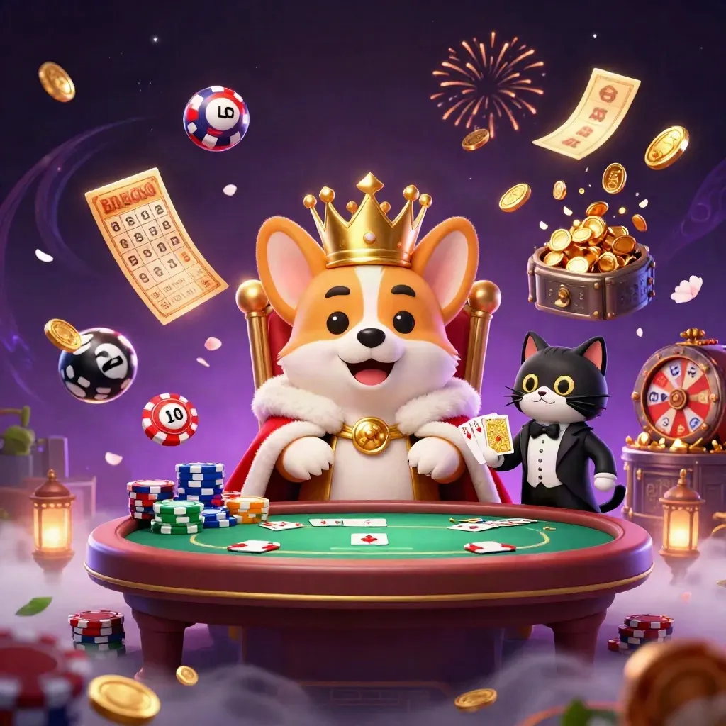 Corgi coroado e gato mordomo cercados por fichas, cartas, bolas e luzes em cassino premium.