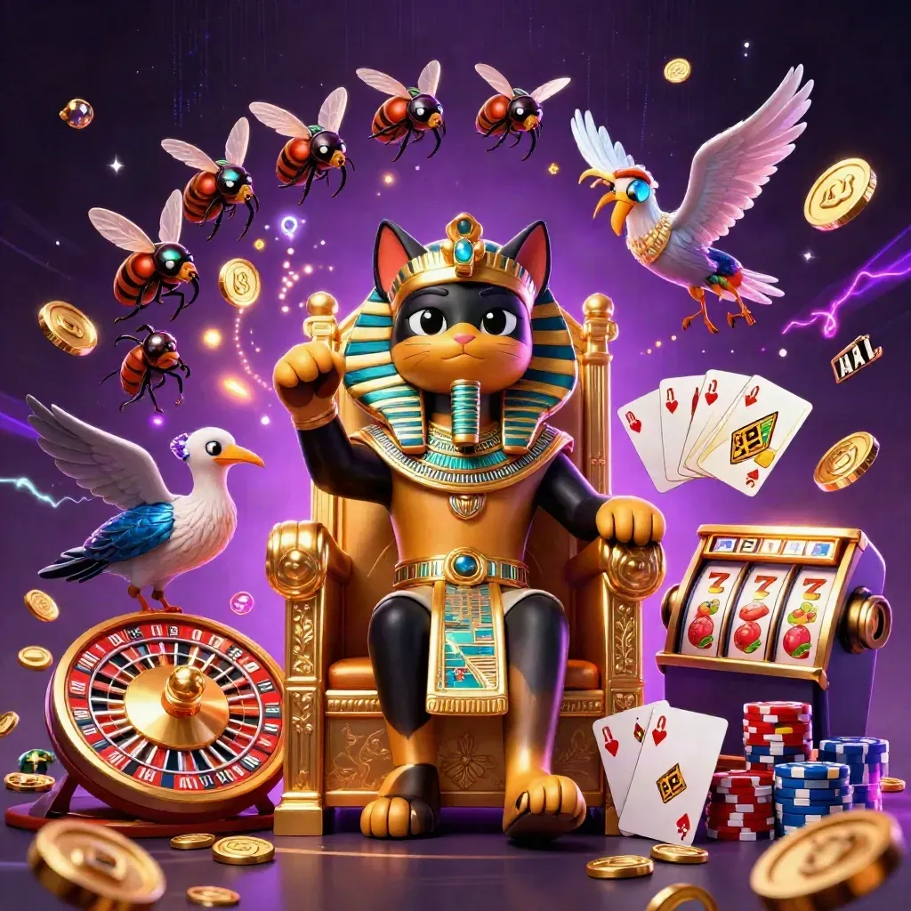 Gato faraó no trono, escriba ibis e escaravelhos, cartas, fichas, moedas e roleta em neon.